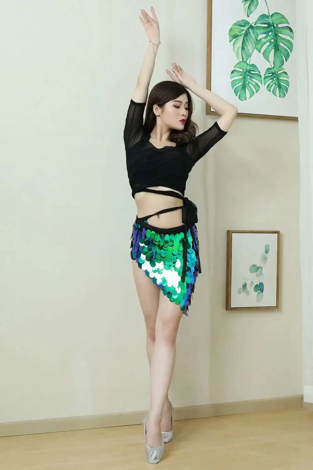 ベリーダンスマーメイドスパンコールウエストスカート女性ラテンダンスインドダンス服ステージパフォーマンス衣装