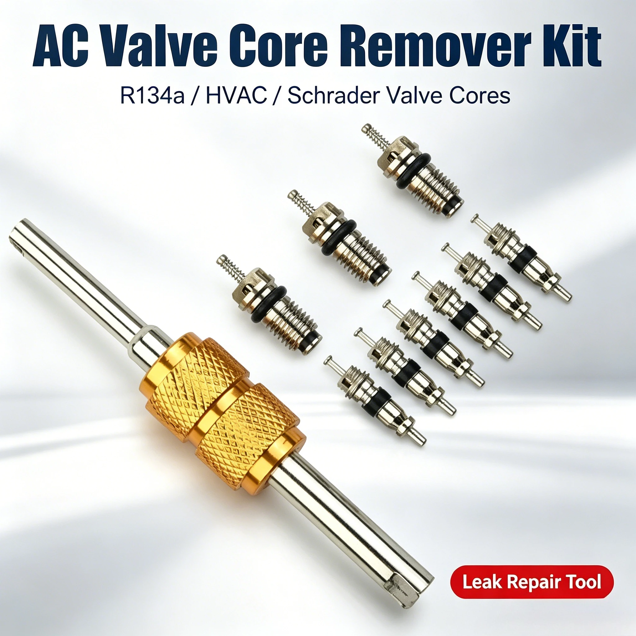 AC Valve Core Remover Wrench with Schrader Valve Cores R134a Car Air Conditioning HVAC Replacement Repair Tool