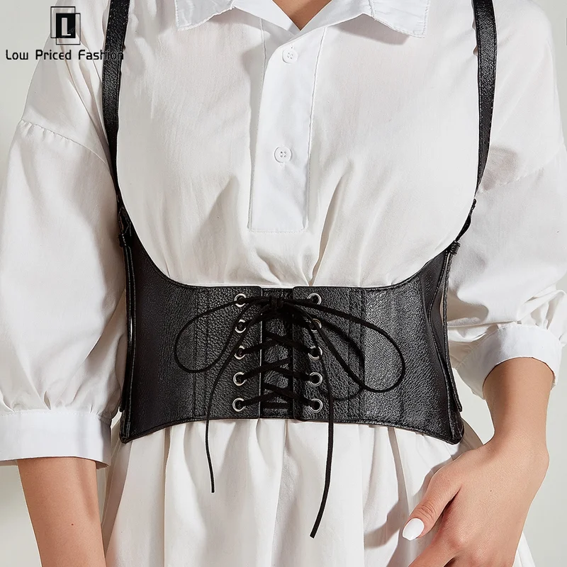 

Fashion Women Wide Belt Vintage Gothic Pu Leather Underbust Corset Solid Color Adjustable Vest Waist Belt Double Buckle Cincher