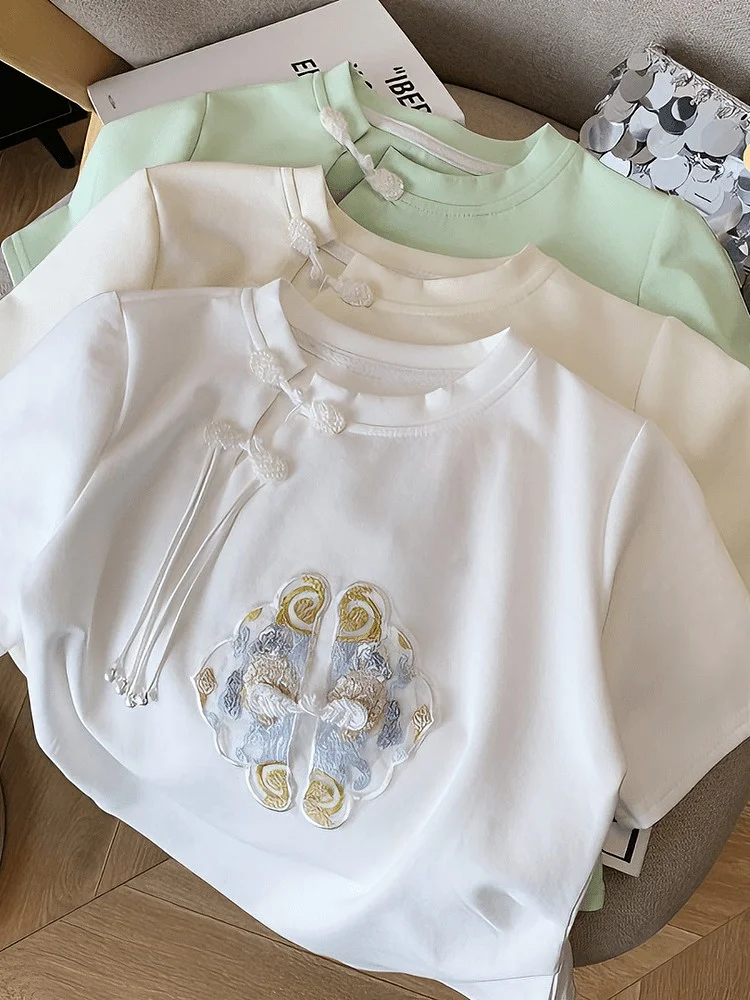 

New Chinese Sle Heavy Embroidery ort Sve T-irt Women's Summer Waist Cinching Button up Top Korean Sle Slim Fit