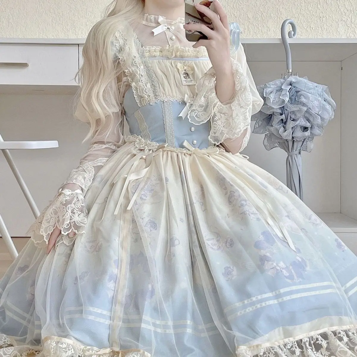 Lolita Dress JSK Fairy Full autunno/inverno Dream Doll Bow Lace Ruffled Kawaii Princess Dress viola blu