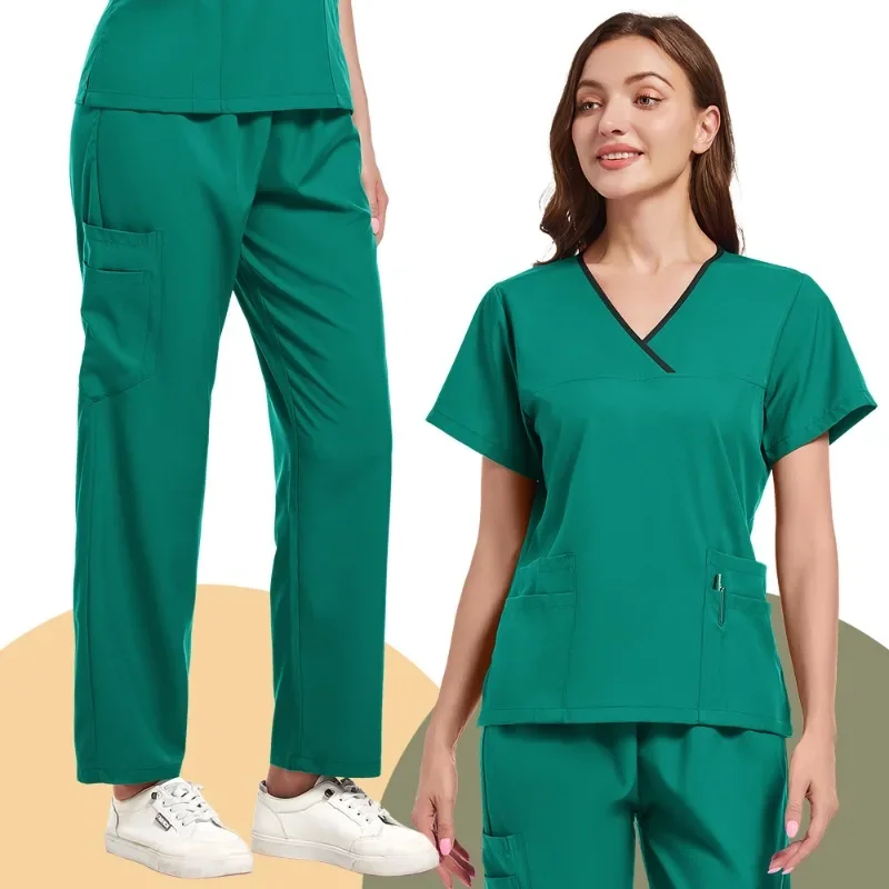 Women Medical Uniforms Elastic Scrubs Sets Hospital Surgical Gowns Short Sleeve Tops Pant Nursing Accessories Doctors Clothes