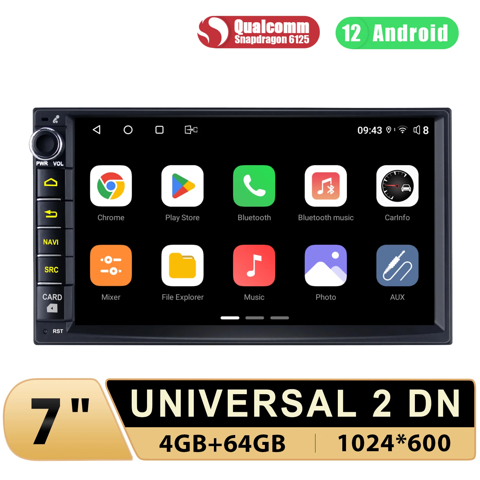 Autoradio Android 12.0 avec Navigation GPS et Lecteur de Limitation, Stéréo, Sans Fil, Double DIN, Carplay, 7 Pouces