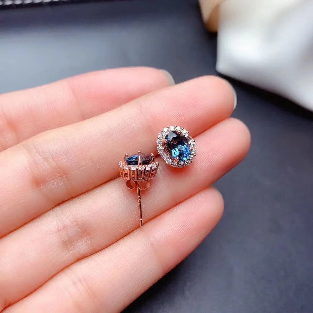 Natural London Blue Topaz Ring Necklace Pendant Stud Earrings Three-Piece Set Lady Dark Blue Gem Engagement