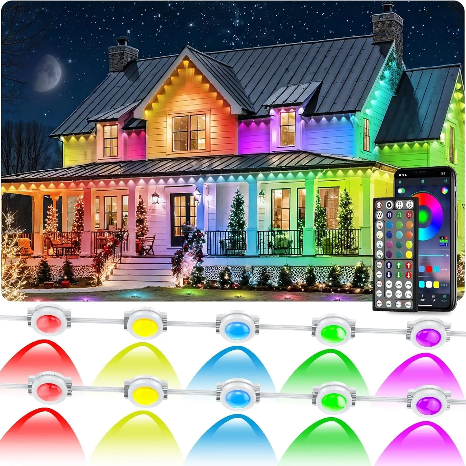 

Уличные RGB-светильники 90M, водонепроницаемые IP67, умное освещение для карнизов с управлением через приложение/пульт, DIY LED-сцены для домашнего декора