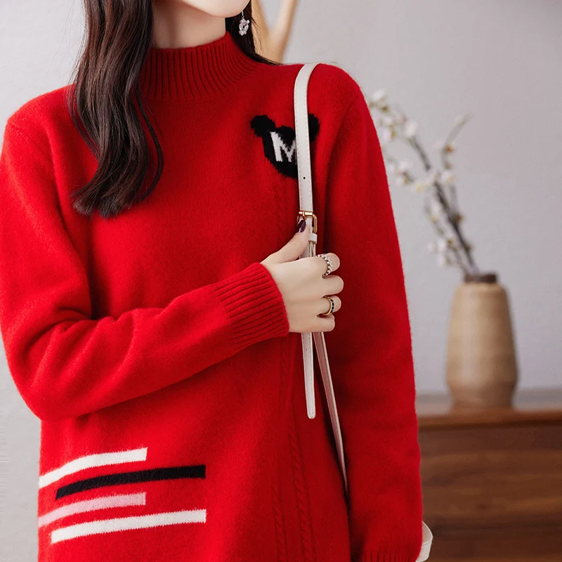 

100% Merino Wool Cashmere Women's Knitted Sweater High Neck Long Sleeve Pullover Autumn/Winter Loose Korean Fashion Women's Top