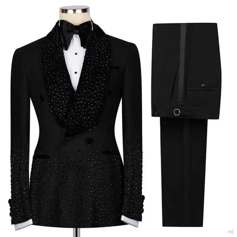Exquisite Wedding Tuxedos Beaded 2 Piece Set Jacket Pants Men Party Suit Luxury Double Breasted Groom Evening Blazers Customized