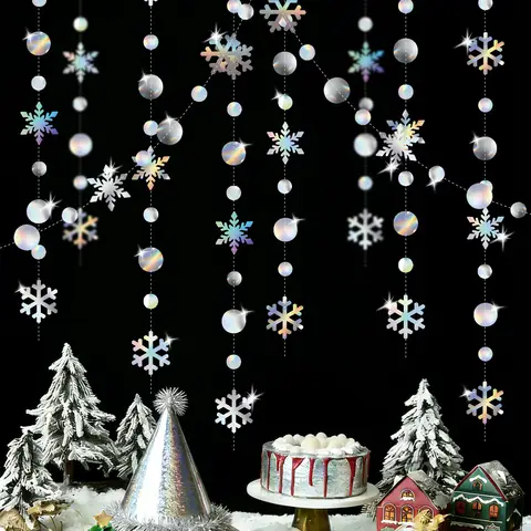 4M Iridescent Christmas Hanging Snowflakes Decor Garlands Winter Wonderland Paper Snowflake Streamer Birthday Party Supplies ﻿