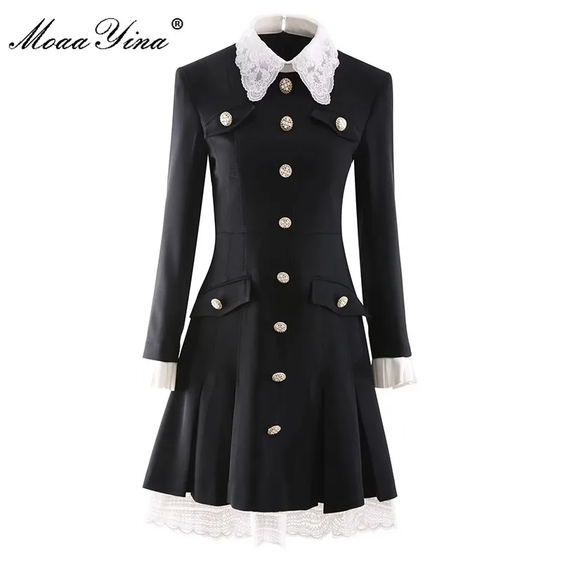 

MoaaYina Fashion Runway dress Autumn Winter Women's Dress Turn-down Collar Single-breasted Lace Patchwork Casual Black Dresses