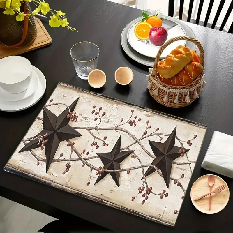 Vintage Farmhouse Star Print Placemats, 100% Linen Woven Table Mats, Heat Resistant, Washable, Rectangular Tabletop Protector