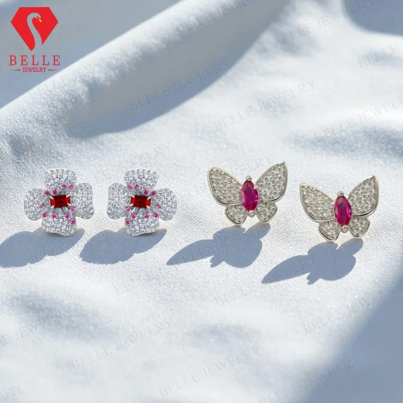 حلق على شكل فراشة زهرة 0.6-1 قيراط مع الزمرد/الماركيز روبي/الياقوت/كولومبيا/بادبارادشا لمناسبات غير رسمية لطيفة للنساء