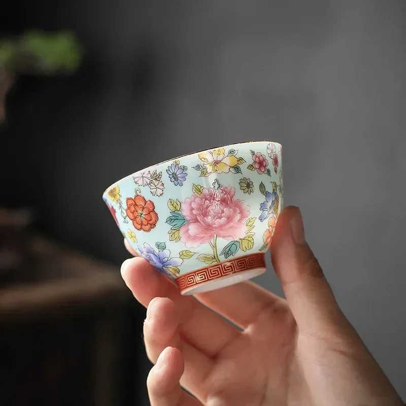 High White Porcelain Enamel Colorful Pickled Flowers Tea Cup Wanhua Bamboo Hat Cup Tea Cup Tea Bowl Gift Set