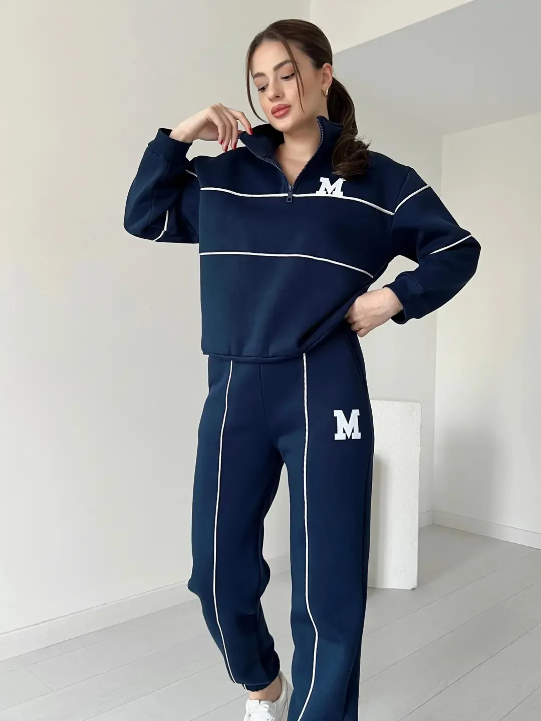 Autumn Winter New Fashion Letter Print Sweatshirt Set Casual Zipper Half Open Collar Long-sleeve Top + Sweatpants Two-piece Suit