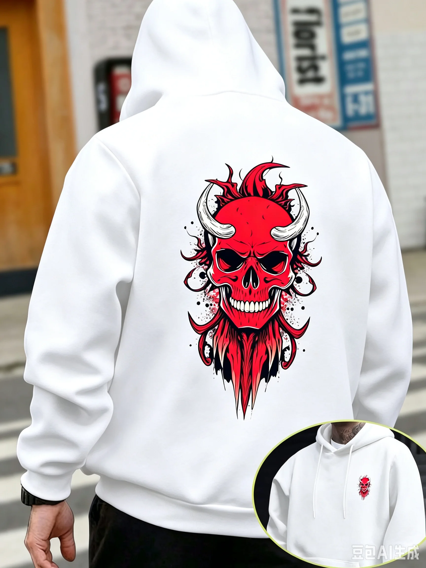 Winter and Autumn Men's Gothic-style Devil Skull Printed Hooded Sweater, Trendy Streetwear, Warm Pullover Hoodie