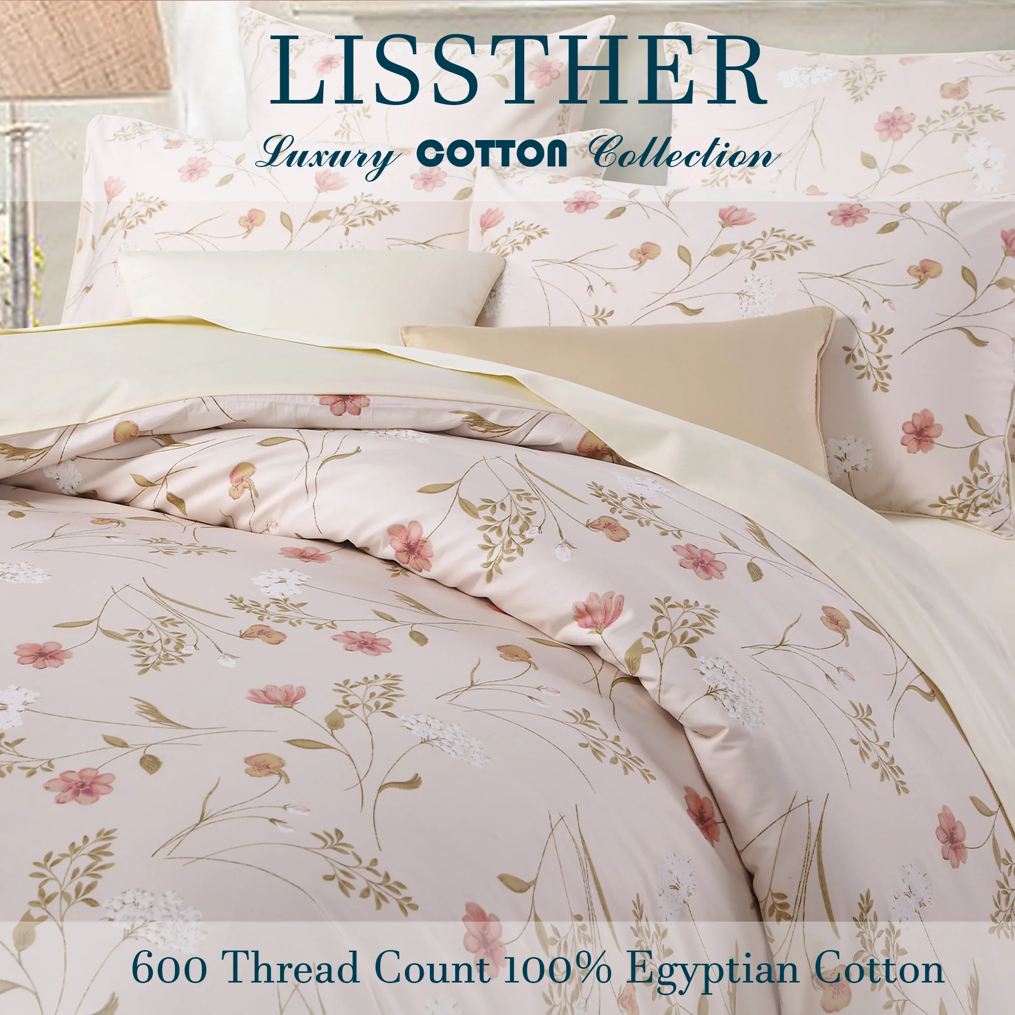 

3pcs 600TC 100% Egyptian Cotton Duvet Cover Set, Elegant Shabby Chic Floral, Soft Skin-Friendly (No Inserts)