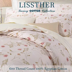 3pcs 600TC 100% Egyptian Cotton Duvet Cover Set, Elegant Shabby Chic Floral, Soft Skin-Friendly (No Inserts)