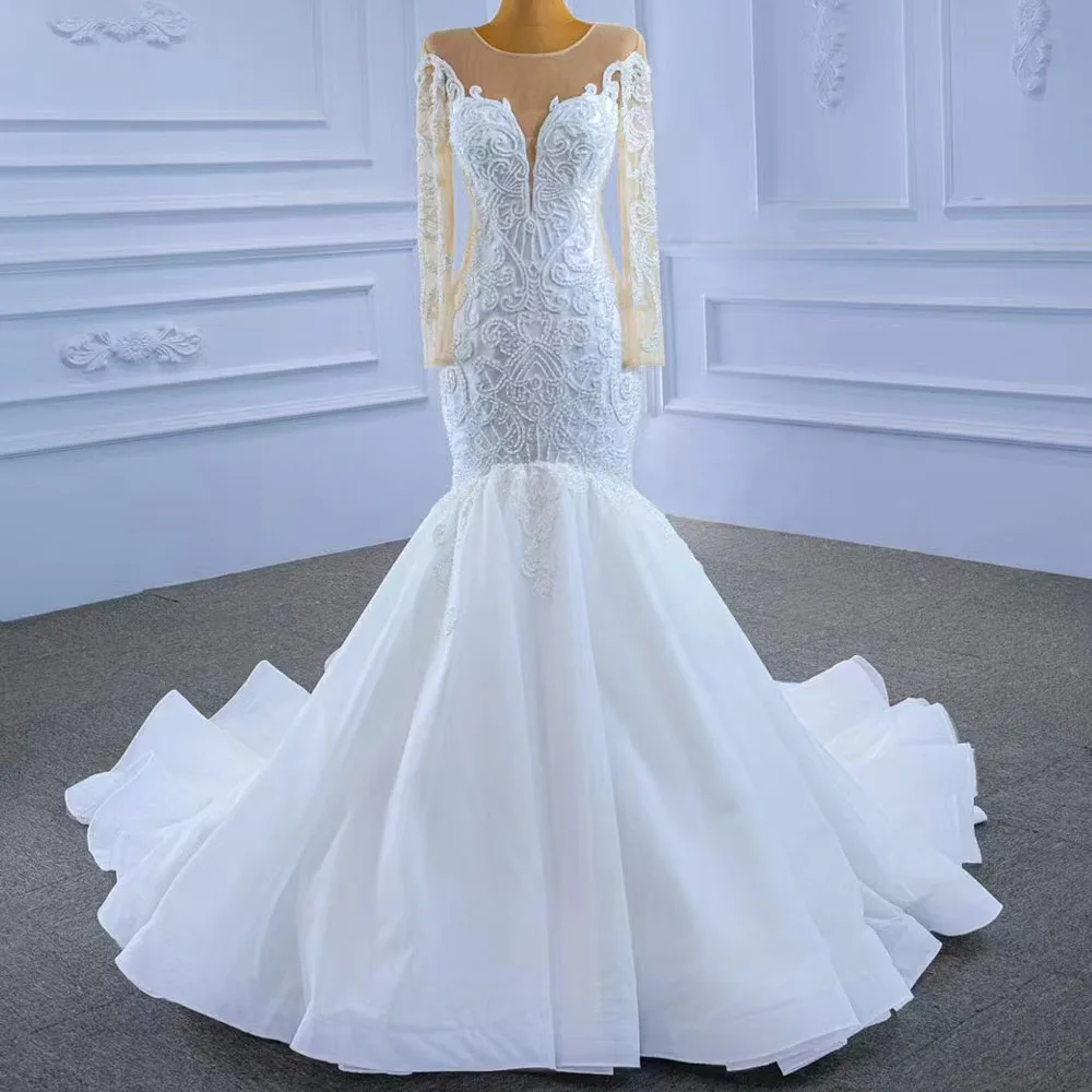 Customized O-Neck Bridal Wedding Dress Long Sleeves Lace-Up Back Embroidery Mermaid Gown