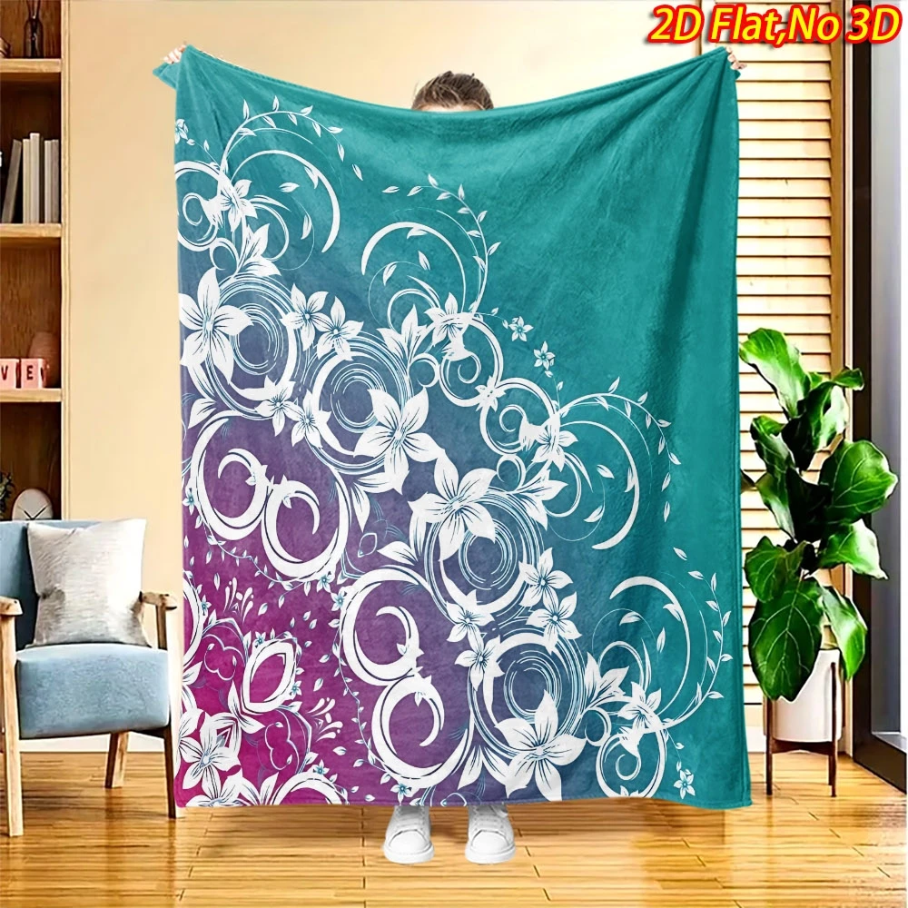 Curly White Flower Vine Teal To Purple Gradient Fleece Blanket Cozy Throw For Bed Travel Dorm Fresh Elegant Room Decor Present