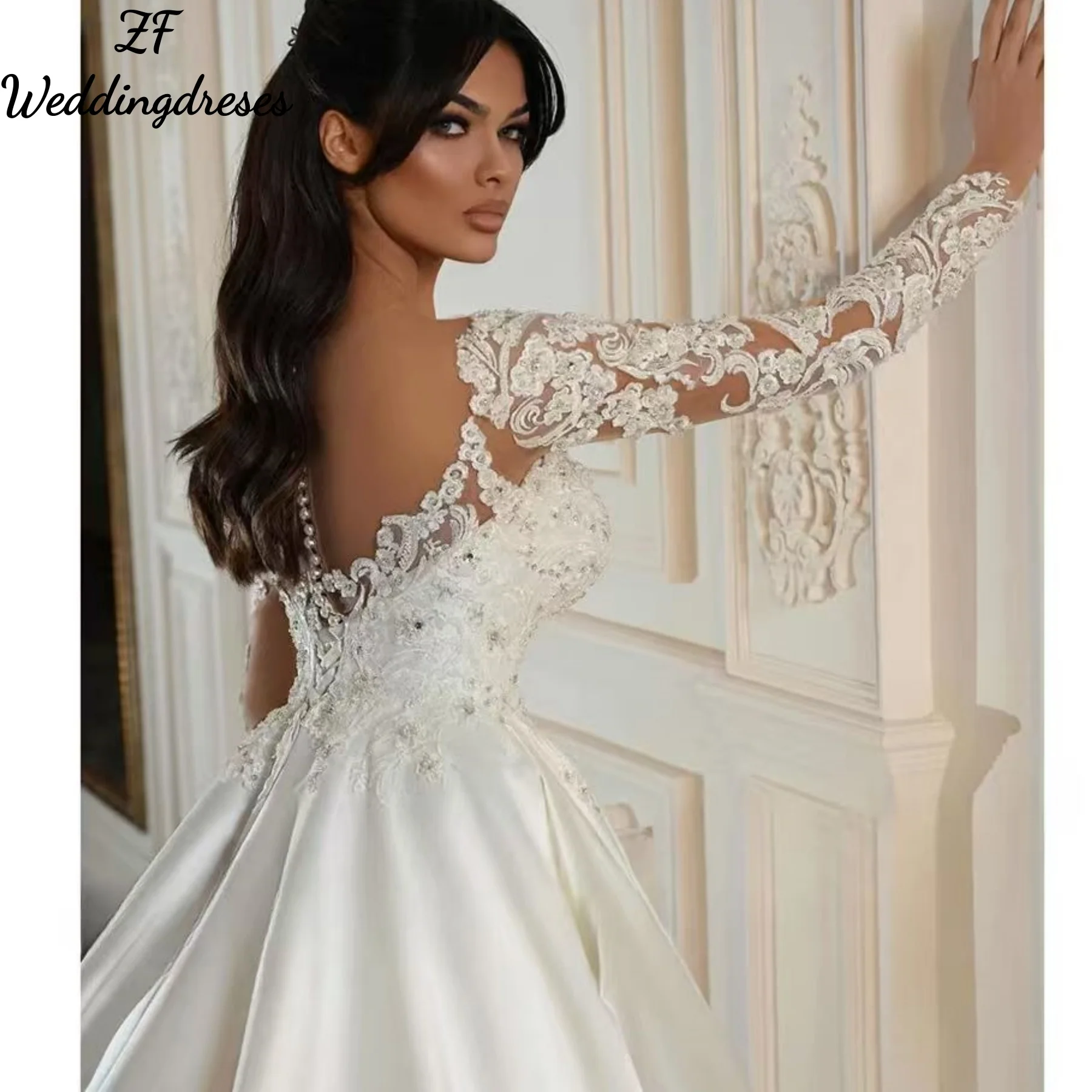 zf Maßgeschneidertes Luxus-Hochzeitskleid mit herzförmigem Ausschnitt, Spitzenapplikation, langen Ärmeln, Satin, A-Linie, Sweep-Zug, Brautkleid