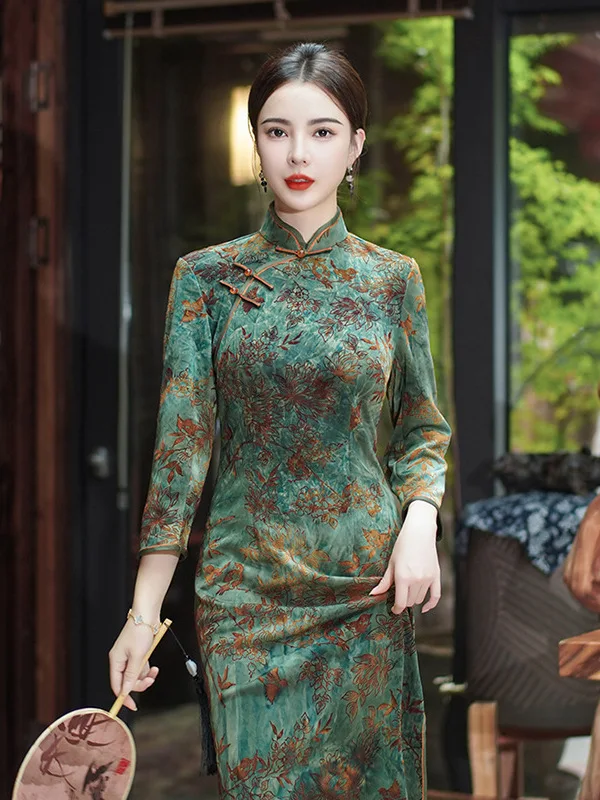

Improved Fit Velvet Qipao Wedding Dr Long Slit Low Cut Vintage Sle Women's Traditional Chinese Costume Long Sve Winter