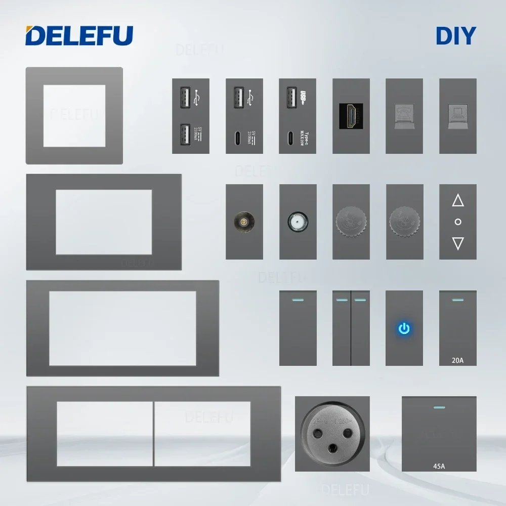 

DELEFU Israel Socket DIY Blank Board USB TypeC Doorbell Switch 45A 20A Curtain TEL CAT5 TV HDMI SAT Smart Grey