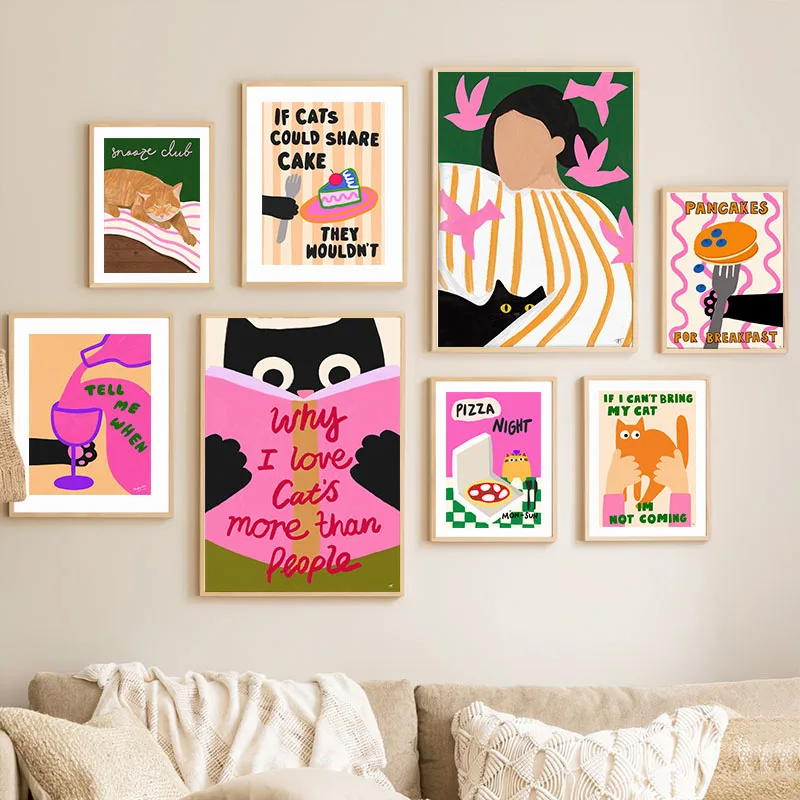 Fashion Girl Black Cat Book Life Illustration Wall Art Canvas Painting Nordic Abstract Poster Prints Pictures Living Room Decor