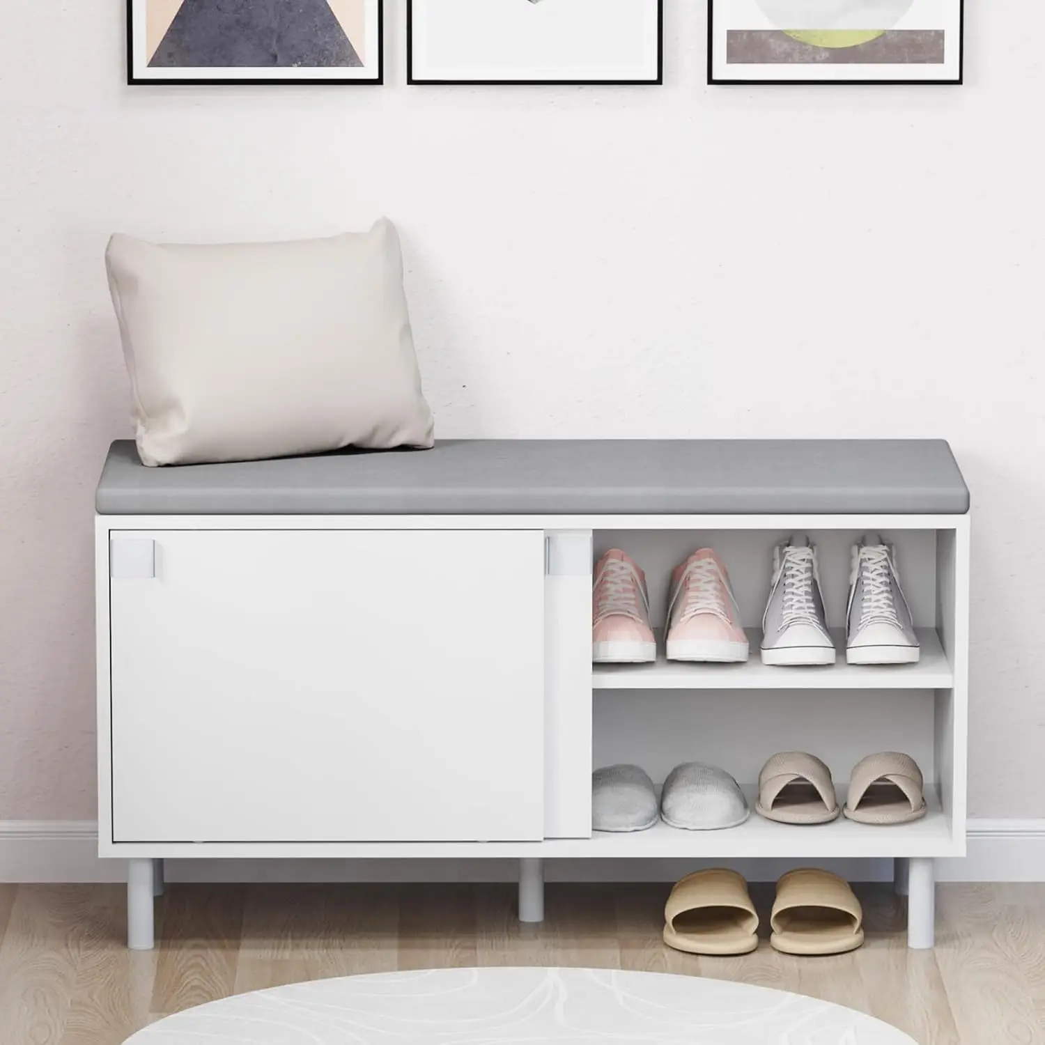 

Shoes Bench with Cushion, Entryway Bench with Shoe , Ottoman with Sliding Doors and Adjustable Shelves for Entry, Hallway, Liv