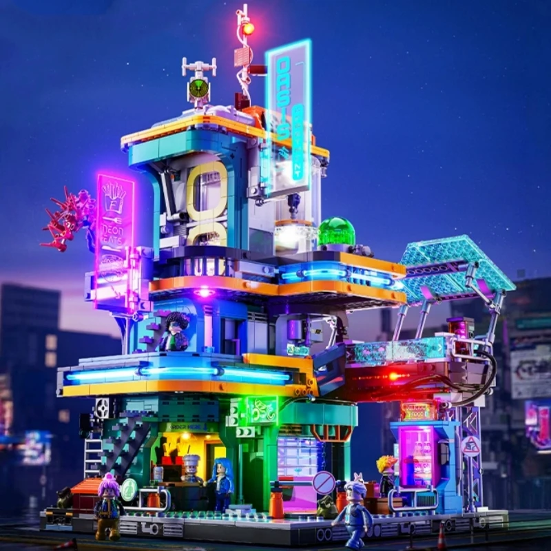 Cyberpunk Series Building Blocks Street Scene Neon Oasis Fully Printed Building Model Educational Toy Ornaments Collection Gift