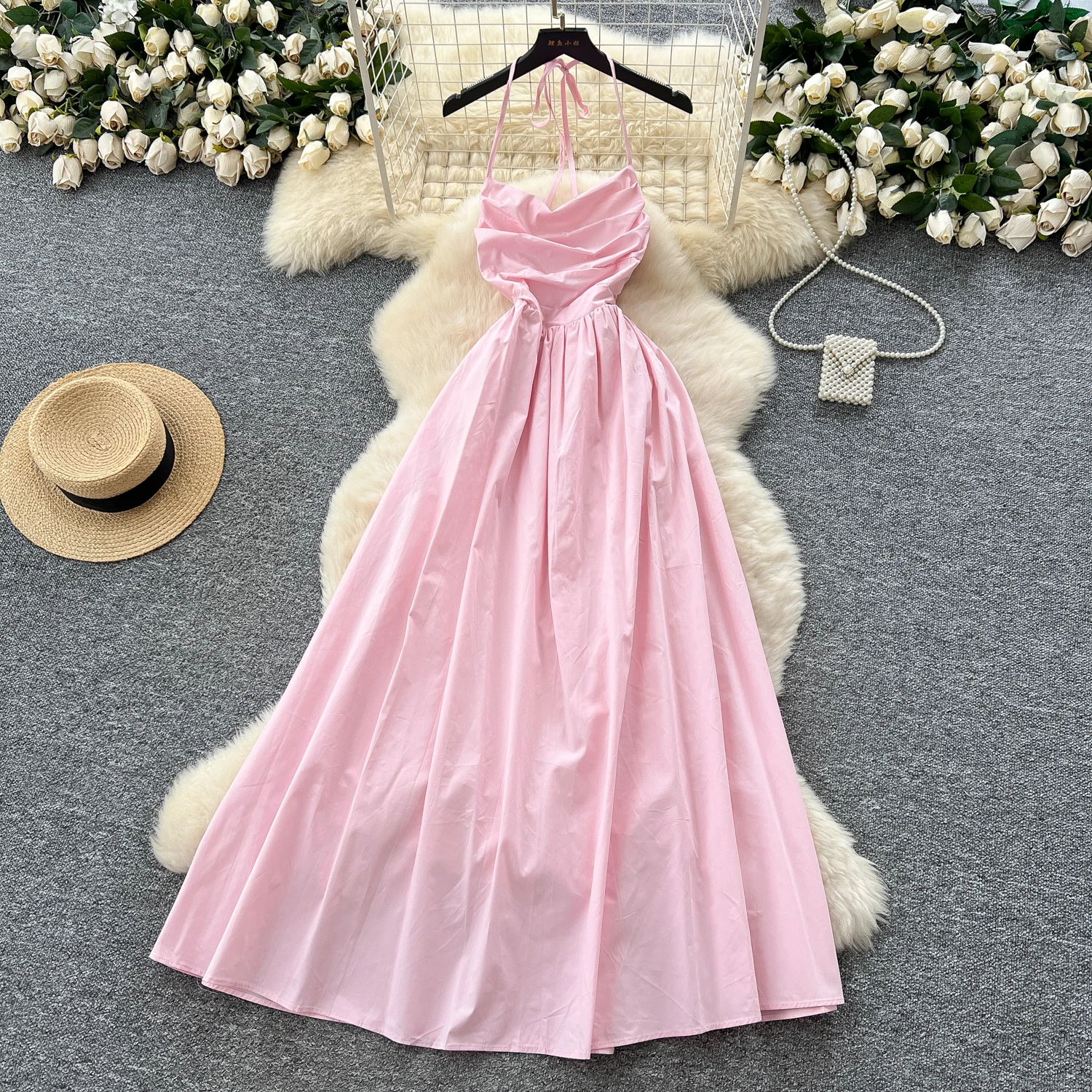 Chic Sexy swinging collar halter sleeveless Ruched Fairy A-line loose Summer  Women Boho Sundress  women clothing
