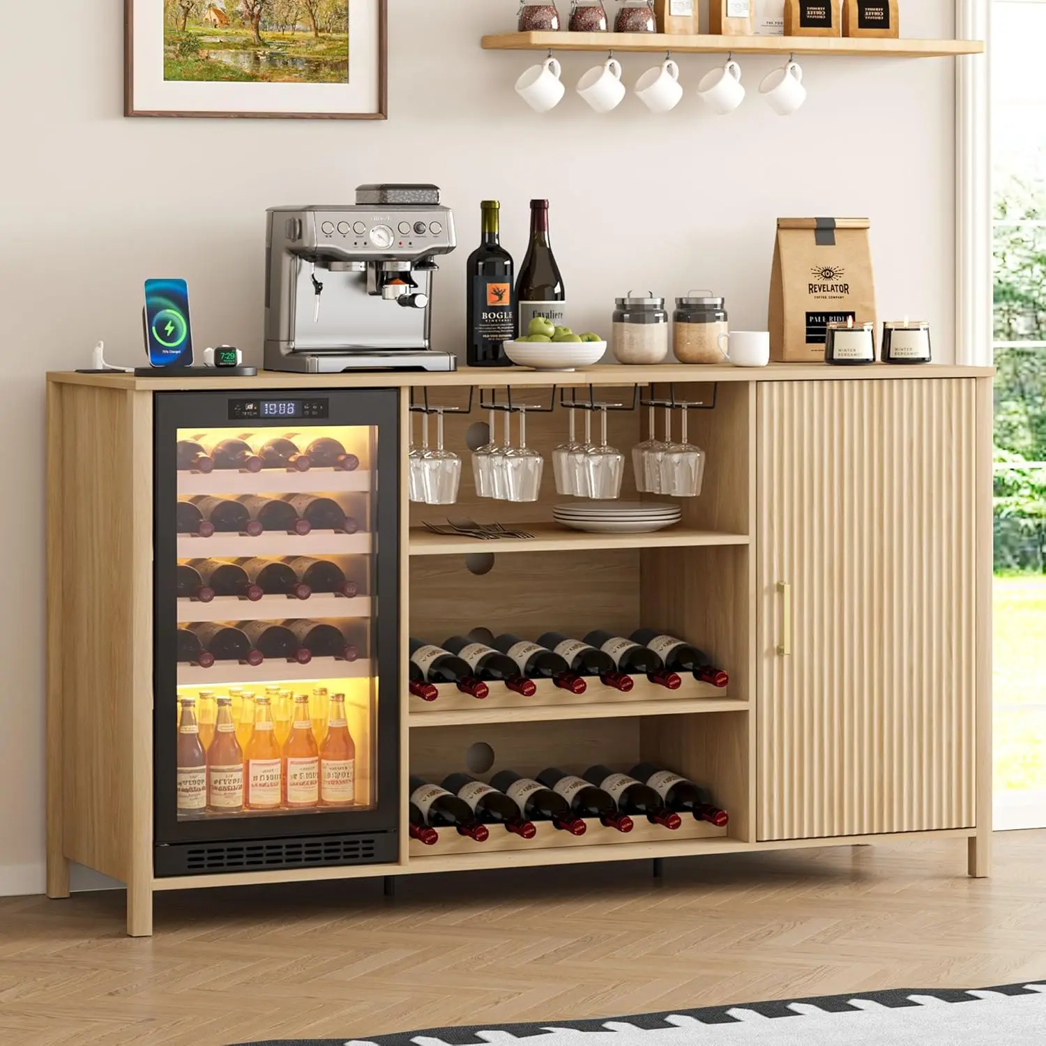 

70" Coffee Bar Cabinet with Outlet, Adjustable Shelf Wine Rack, Oak Buffet Sideboard for Kitchen Dining, Customized
