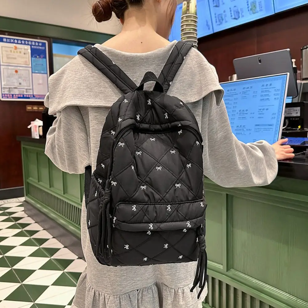 

Preppy Style Embroidered Bow Backpack Embroidery Bownot Nylon Backpack Korean Style Lightweight Students School Bag for Gift