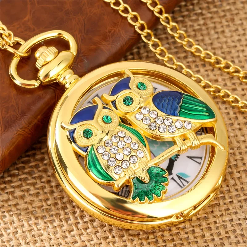 Luxury Yellow Gold Hollow Out Night Owl Design Unisex Quartz Analog Pocket Watch with Sweater Fob Chain Collectable Gift Reloj