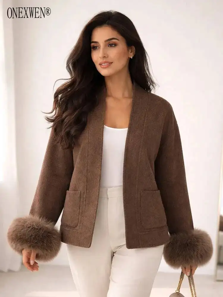 ONEXWEN 2026 Women's Brown Wool Blend Short Coat With Detachable Fur Cuffs V-Neck Open Front Winter Jacket ZM5417