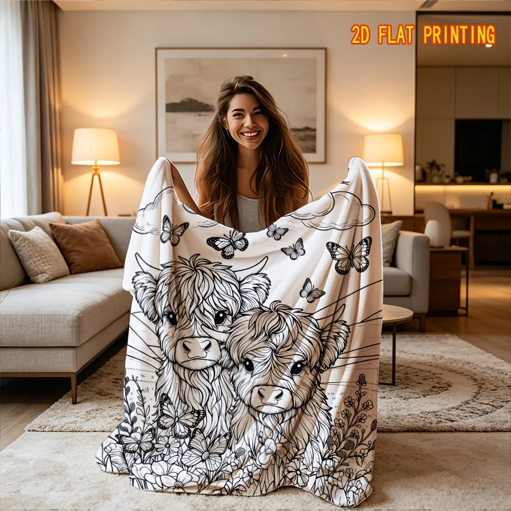 Highland Cow Floral Butterfly Line Art Flannel Blanket Lightweight Warm Throw Blanket Bedroom Sofa Camping Home Wall Ornament