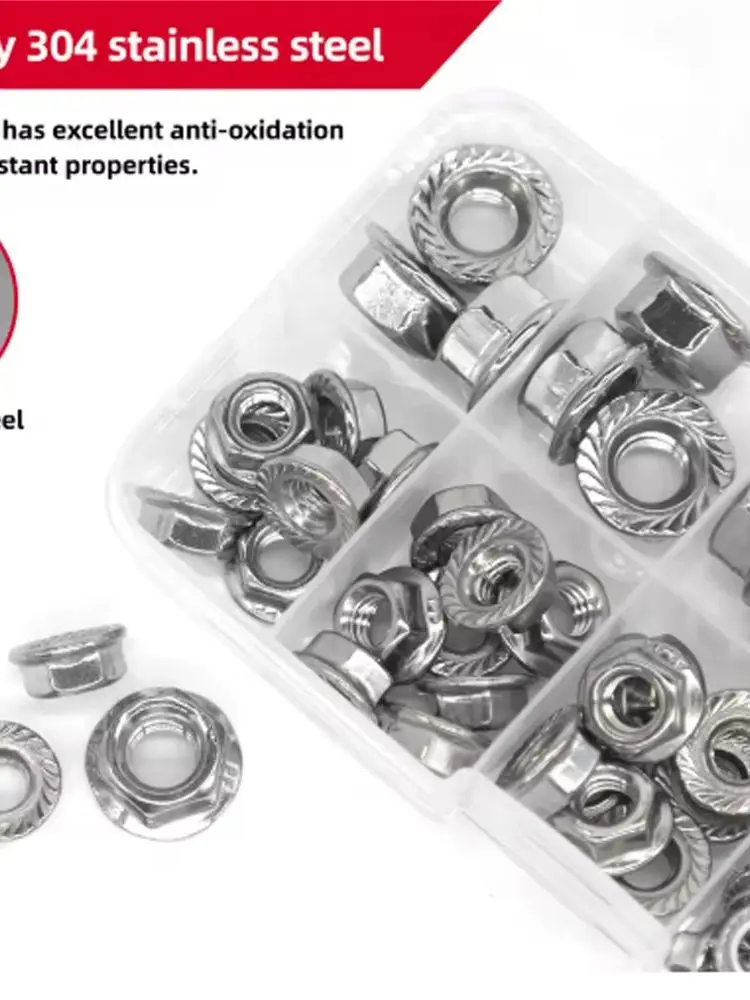 110pcs 304 Stainless Steel M3-M8 Hex Flange Nuts Assortment kit M3 M4 M5 M6 M8 Flange Nut Hex Hexagon Serrated Spinlock Lock