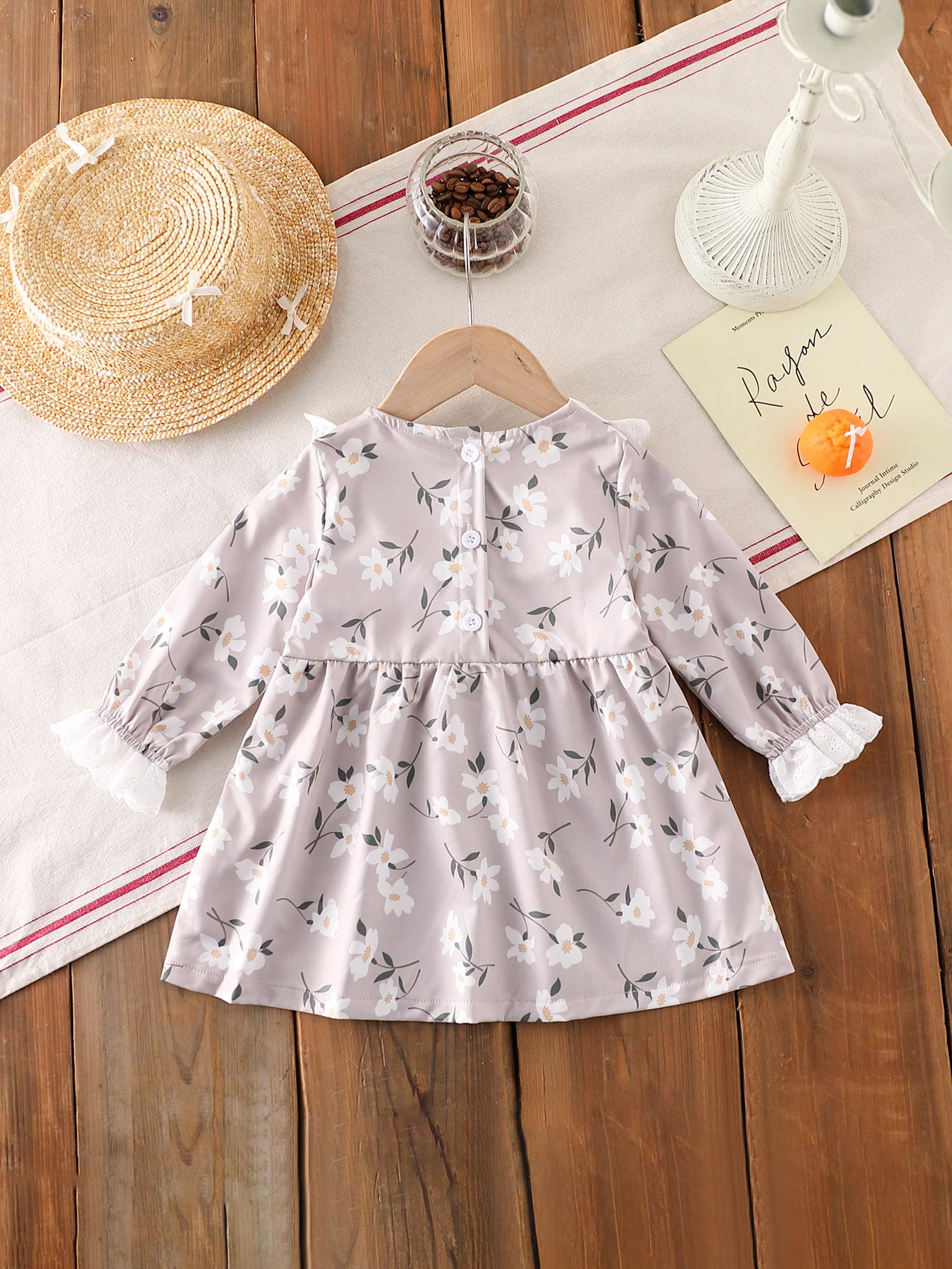 Baby Girl's Autumn Romantic Floral All-Over Embroidery and Lace Trim Round Neck Long Sleeve Dress (Without Hat)