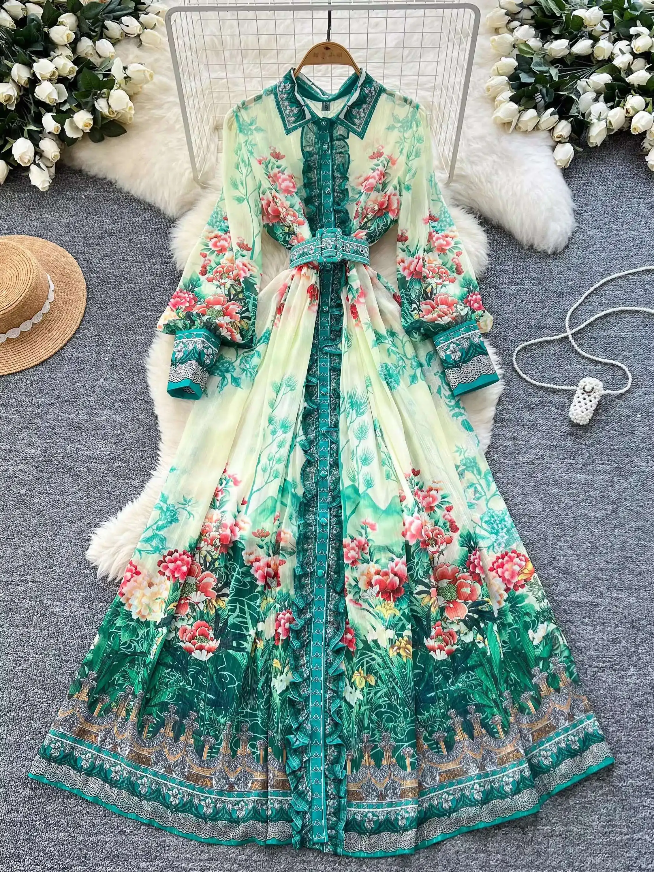 

Elegant Palace Style Brand Designer Single Breasted Long Sleeve Floral Maxi Dresses Shirt Women Casual Print Chiffon Dress