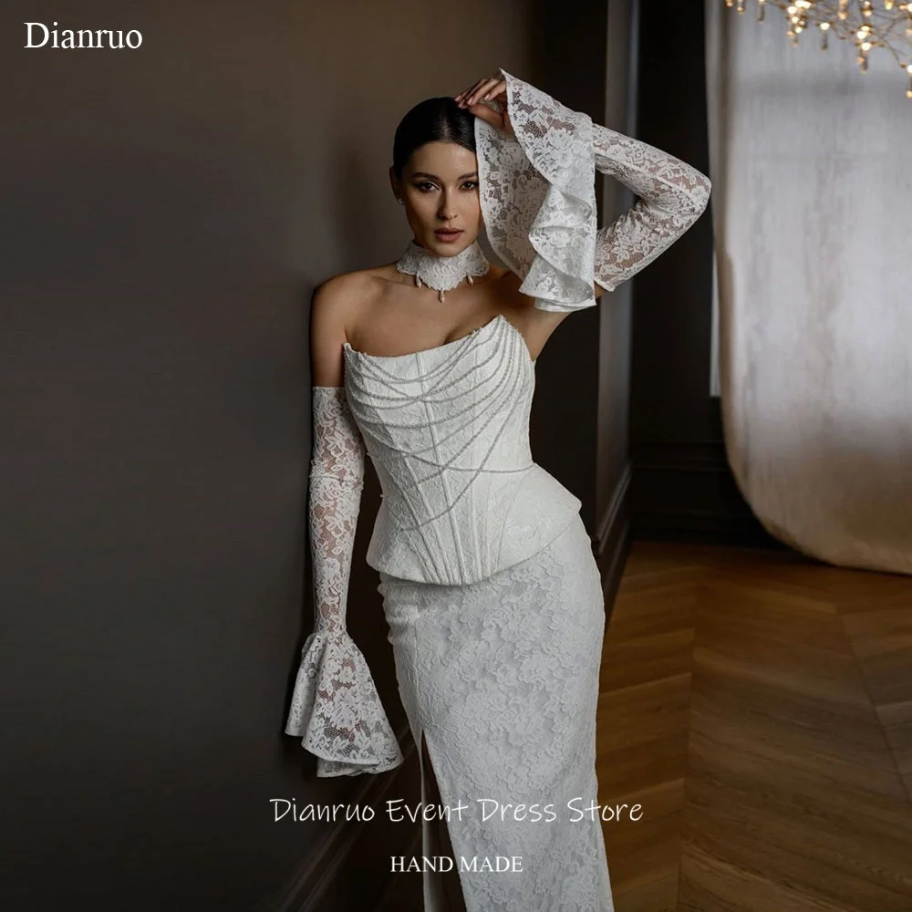 Dianruo Sparkling Pearls Sleeveless Wedding Dress Lace Appliqué Vestido De Noiva Bell Lace Sleeves Robes De Mariée Customized