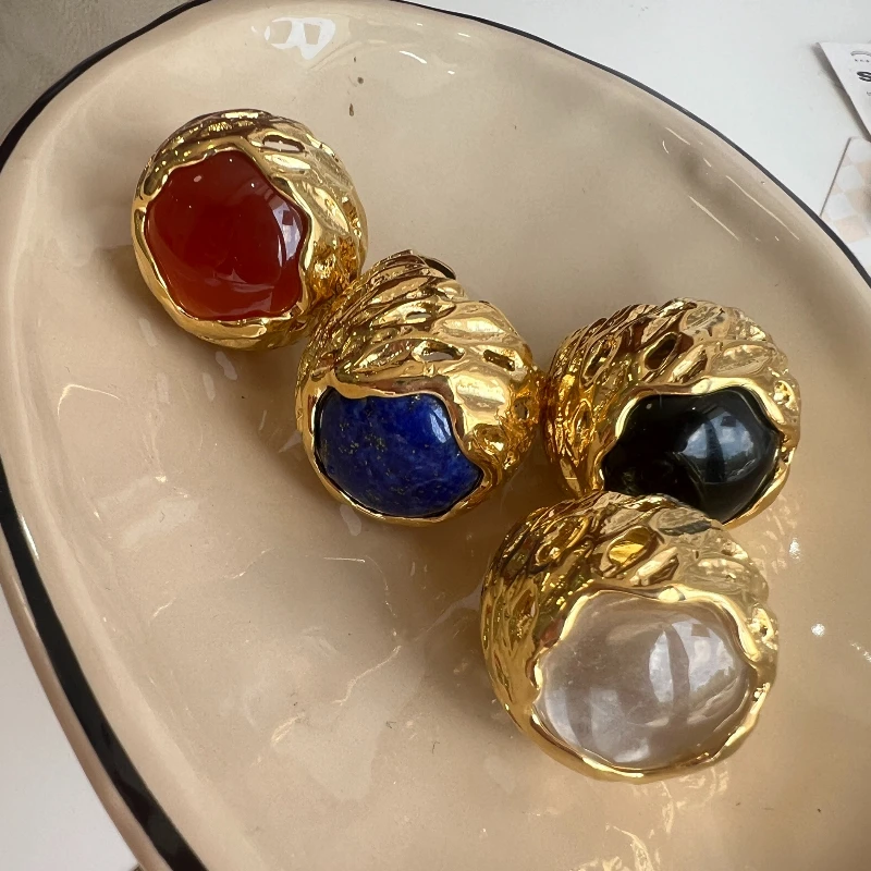 

Europe Gold Plated Round Crystal Big Natural Stone Ring Woman High Quality Designer Jewelry Trend