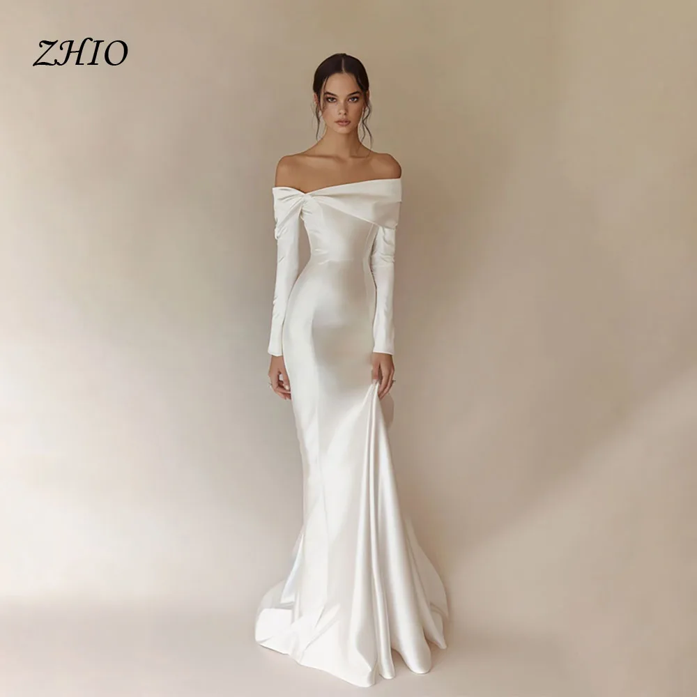 ZHIO Elegant Off Shoulder Full Sleeve Mermaid Wedding Dress Floor-Length Dresses Bridal Gown Customized Vestidos De Novia
