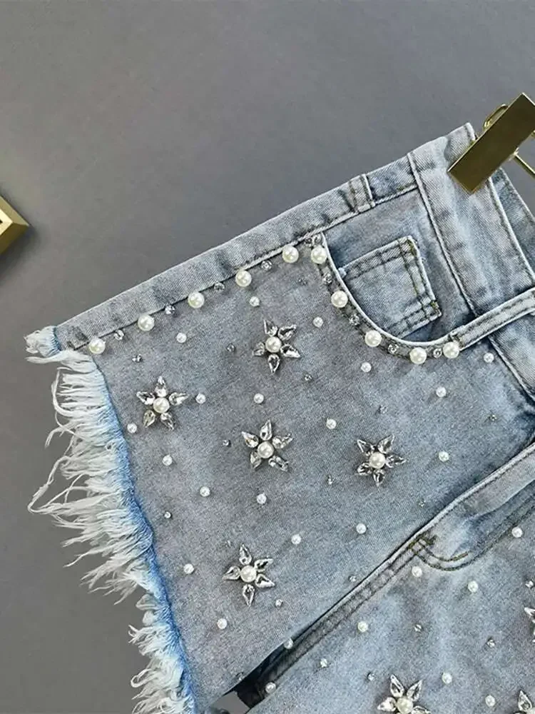 

Women's Denim Shorts 2025 Summer New Fashion High Waist Solid Color Patchwork Burrs Embroidered Flares Short Pants