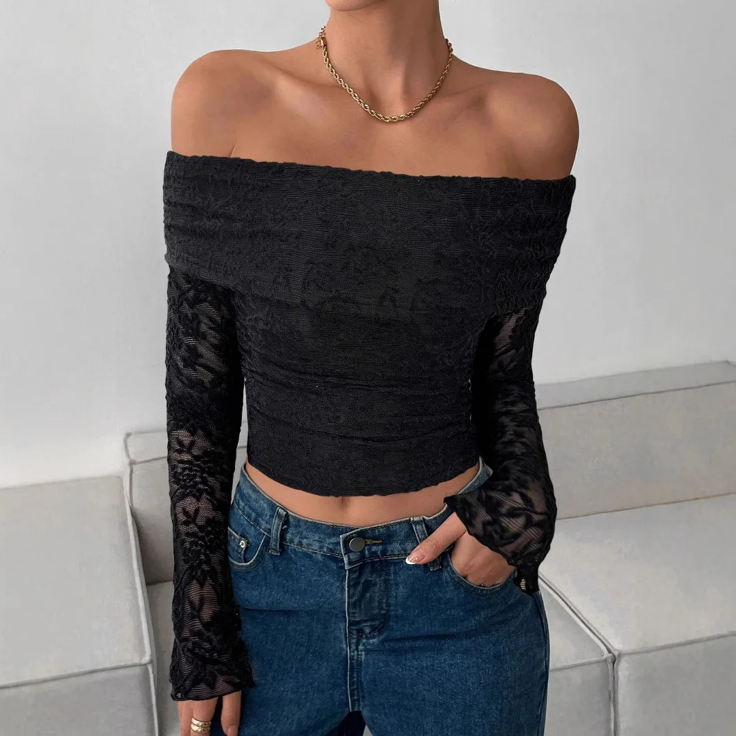 

Womens Long Sleeve Off Shoulder Tops Casual Slim Fit Floral Lace Fall Blouse Y2K Going Out Date Night Club Party Shirts
