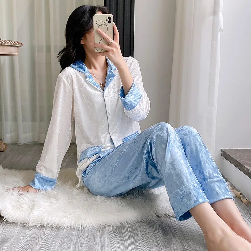 

Velour Pajamas 2Pcs Warm Velvet Nightwear Sleepwear Women's Winter Home Clothes Lapel Long Sleeve Shirt Trousers Set Loungewear