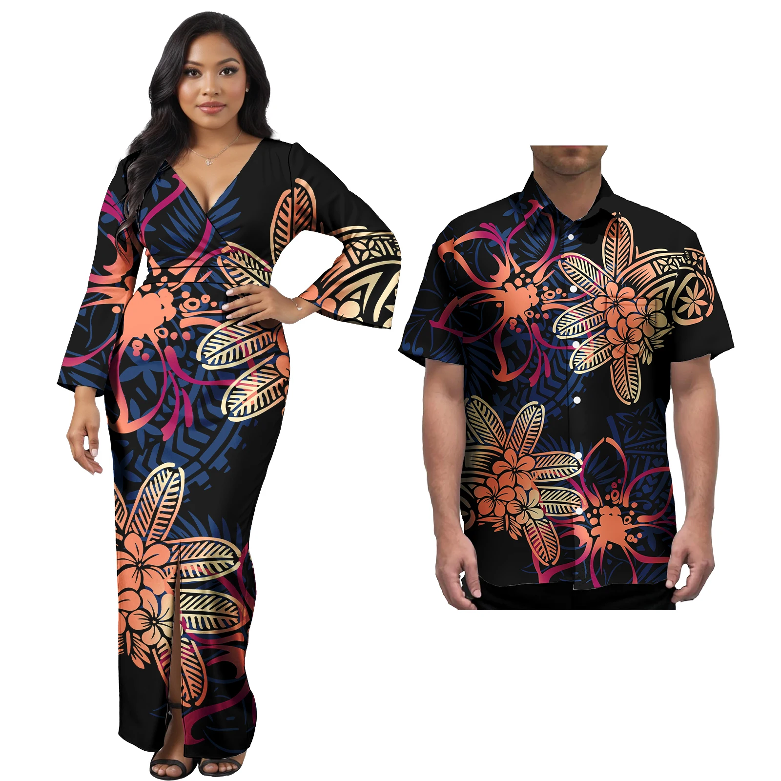 Coppia Hawaii Set Polinesiano Tribale Stampa Floreale Donna Slim Abito Sexy Partita Camicie da Uomo Abiti da Sera Festa