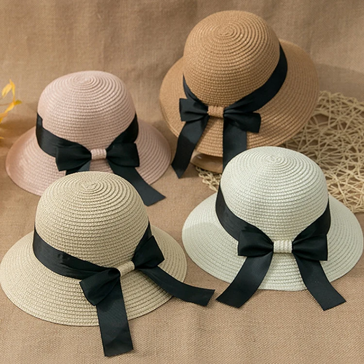 Black Bow Ribbon Sun Visors for Women Summer Wide Brim Sunshade UV Straw Hat Korean Fashion Seaside Vacation Foldable Beach Hats