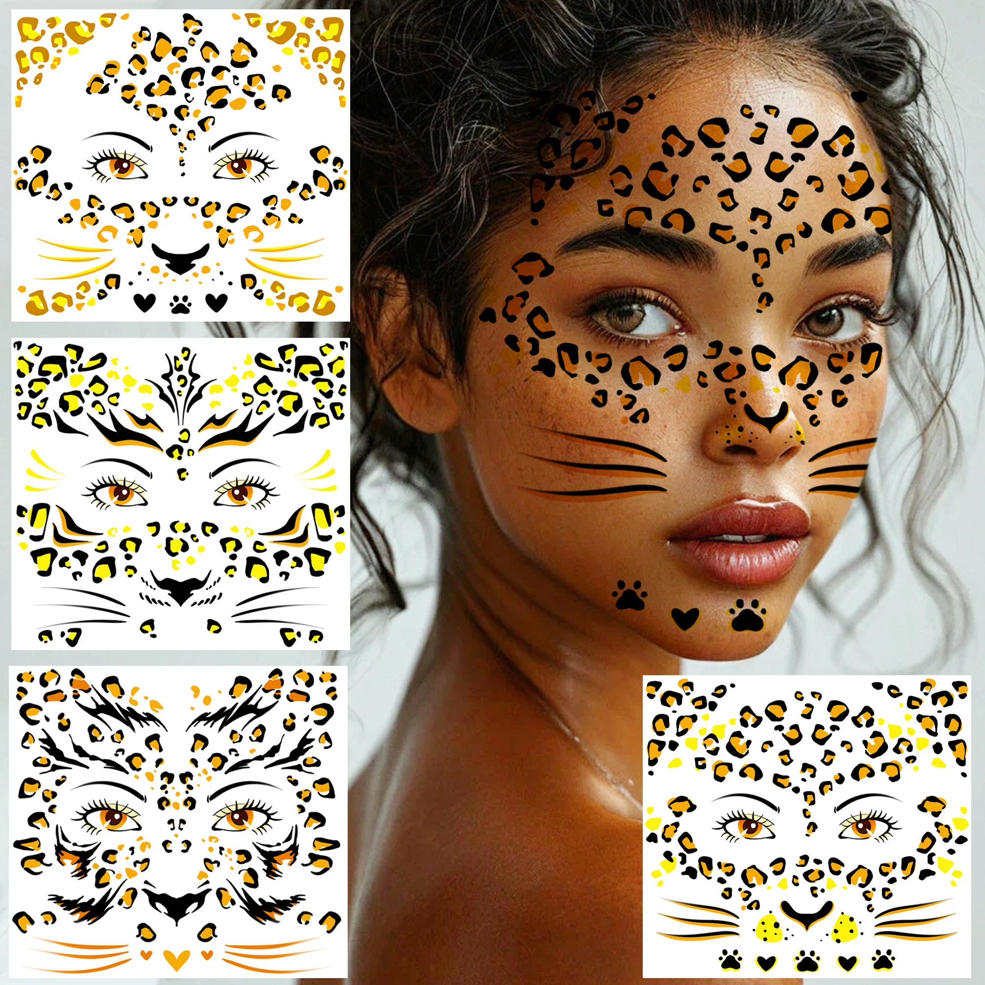 4 Sheets Glitter Metallic Leopard Halloween Makeup Cosplay Temporary Tattoos For Face, Realistic Waterproof  Fake Tatoo Stickers