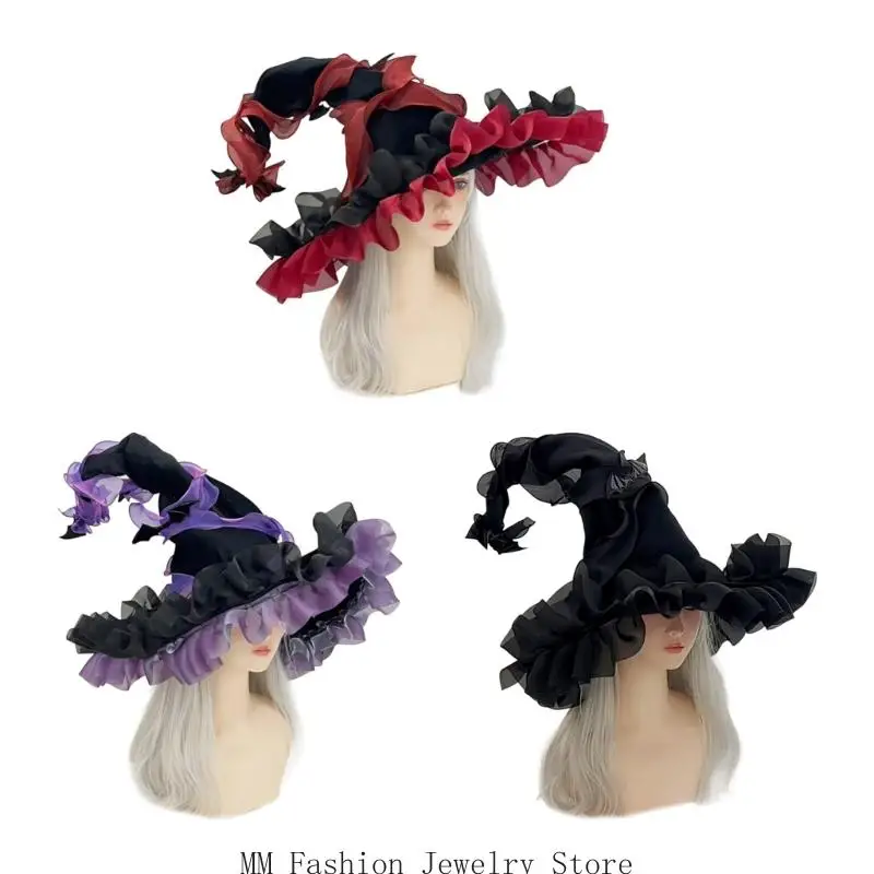 D0UB Portable Witch Hat For Halloween Parties Elastic Adjustable Headwear Reusable Polyester Caps Easy To Carry In Bags