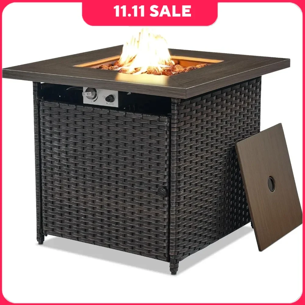 30 Inch Fire Pit Table with Lid and Lava Rock, Outdoor Gas Firepit, Square Fireplace Table, 50000 BTU Propane Fire Pits