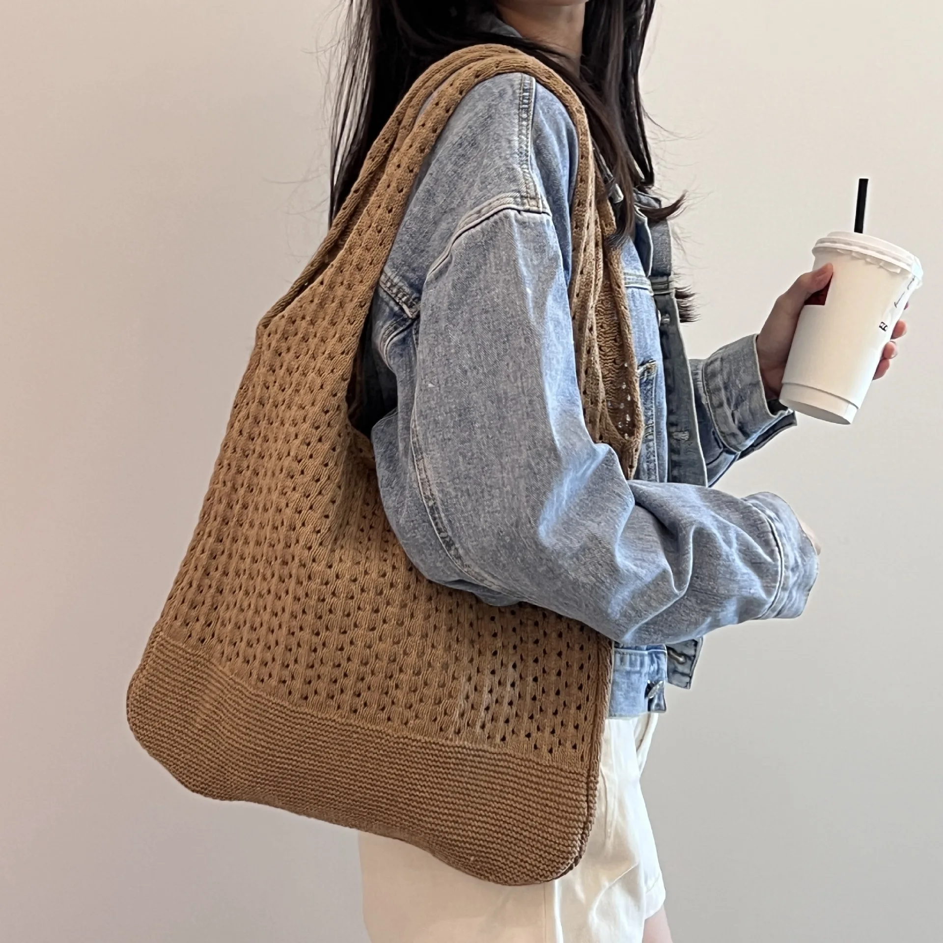 Knitted Shoulder Bags for Women Hollow Woven Crochet Bag Knitting Handbags Bag Casual Travel Shopping Totes