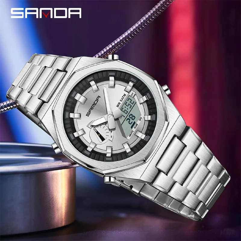 SANDA Luxury Man Electronic Watch Dual Display Countdown Alarm Clock Waterproof Watch Stainless Steel Quartz Male Sport Watch